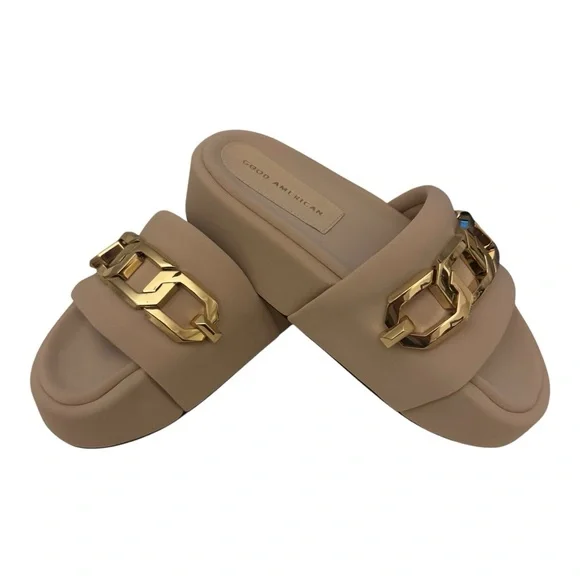 Good American Tan Platform Sandal with Gold Chain Accent - Picture 3 of 6